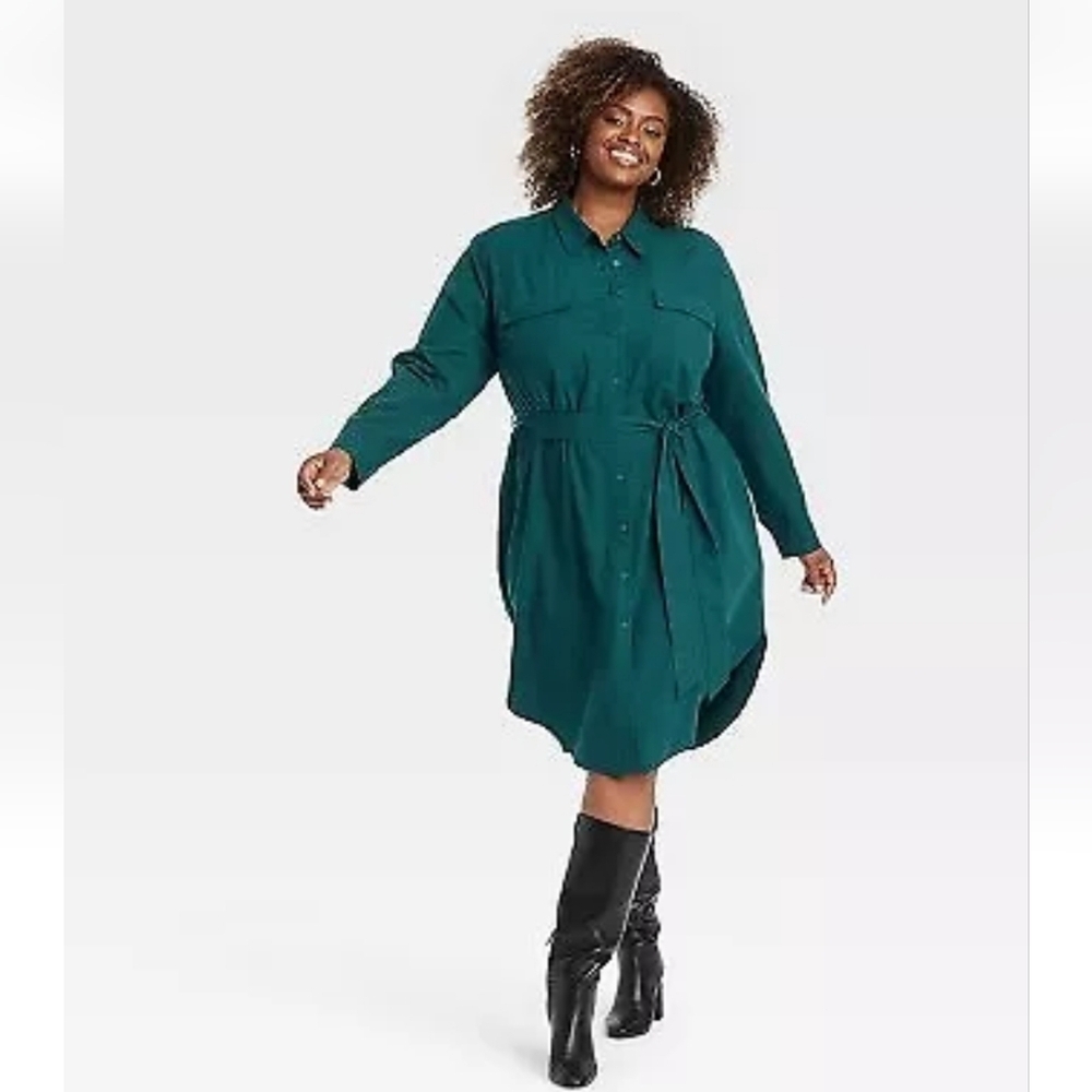Women's Long Sleeve Midi Shirtdress - Ava & Viv Teal Green 2X